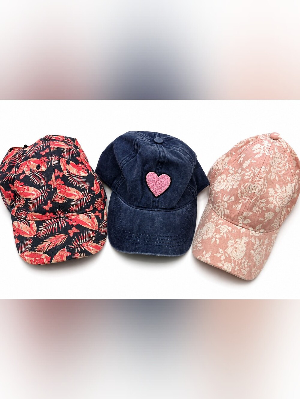 LOT of Fashion Baseball Caps 3 Total One Size Fits Most Pink Tropical Flowers
